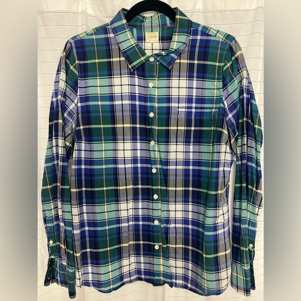 J. Crew Perfect Shirt in blue, teal and purple plaid, large
